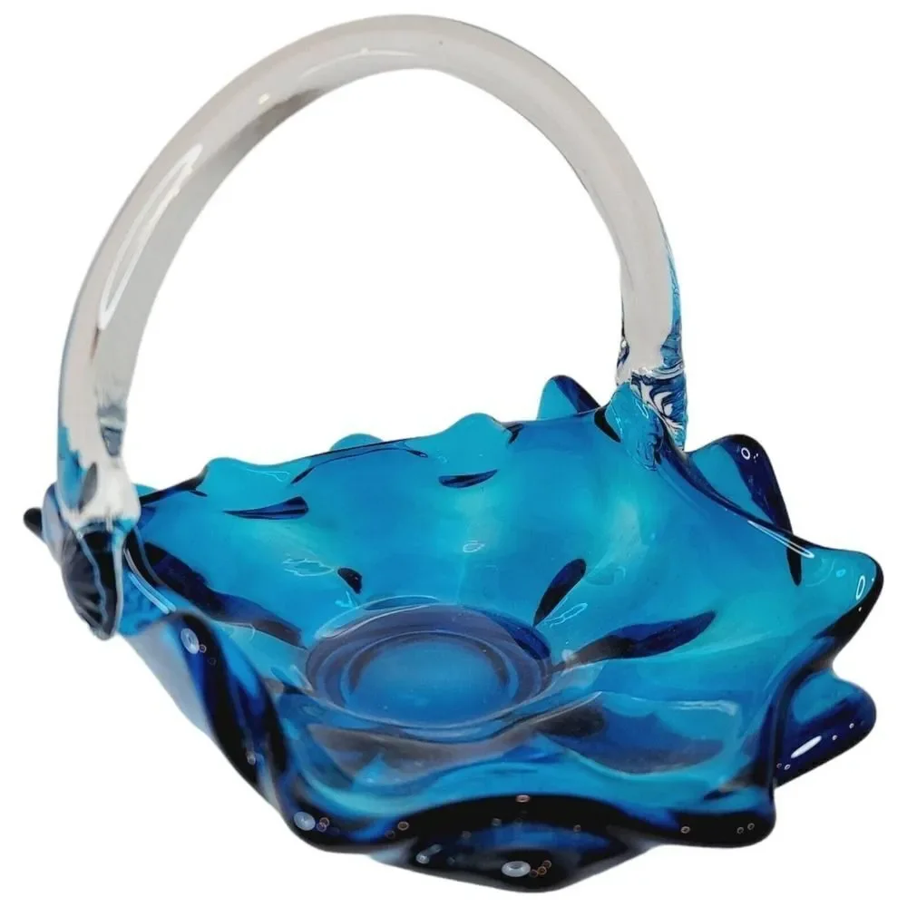 Vtg Viking Art Glass 1960s Blue With Clear Handle Epic Basket Candy Dish #1510‎